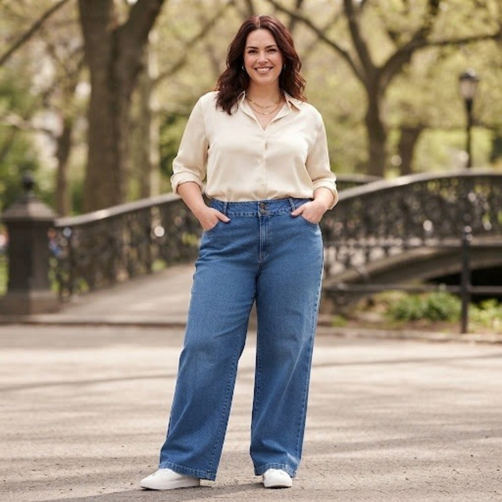 Woman Within Blue Wide Leg Denim Jeans Plus Size 28W High Rise Casual Classic